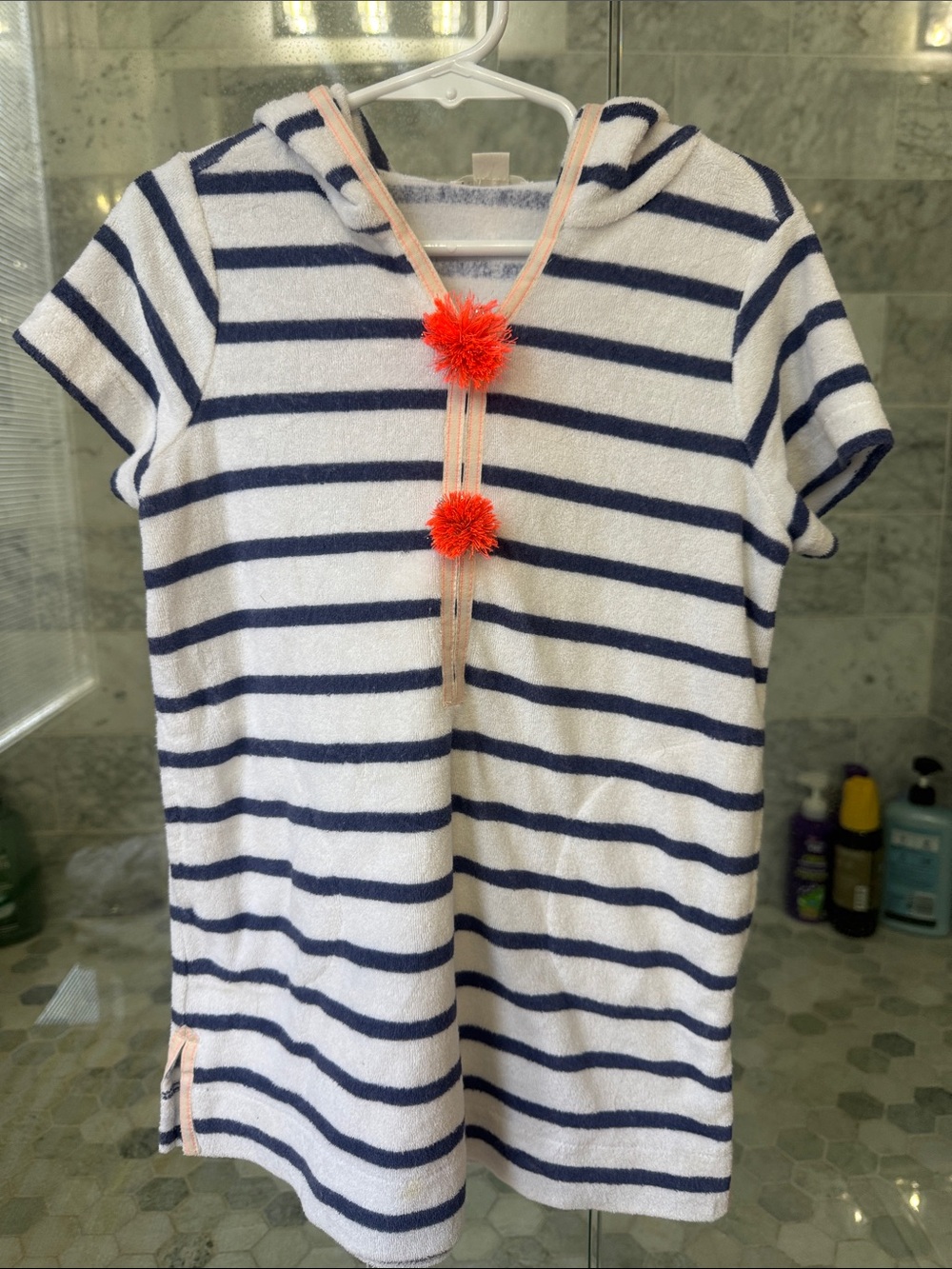 Crewcuts Navy Striped Hooded Terry Tunic with Coral Pom Accents
